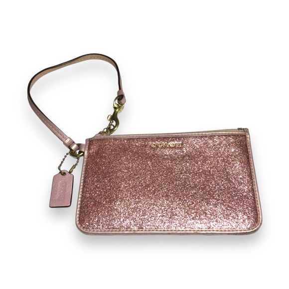 Coach Small Pink Glitter Wristlet Clutch Bag Authentic Rose Gold Sparkle Y2K - Picture 2 of 9